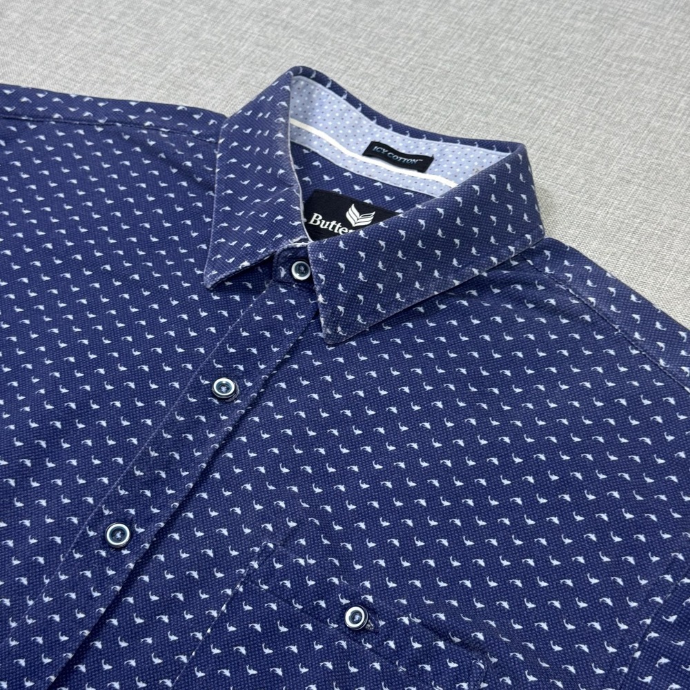 Buttercloth Fish Print Button-Up Dress Shirt Mens Large Blue Short Sleeve Cotton